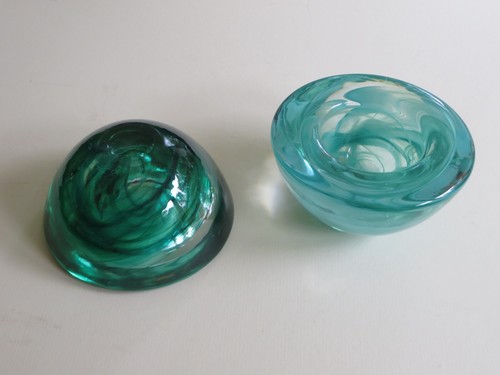 Kosta Boda 2 Green Light Blue Swirl Sweden Art Glass Atoll Votive Candle Holder - Picture 4 of 6