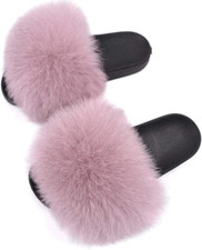 size 8 Fur Slides for Women - Furry Slides Fluffy Fur Slippers Open Toe Flat Sli