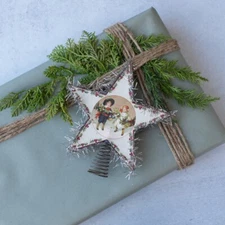 Tinsel star Tree Topper, Children vintage print, 7" Tall, Ragon House NWT