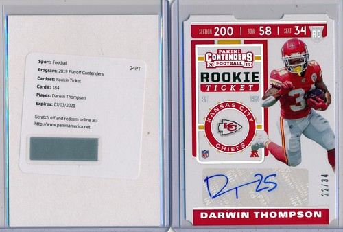 DARWIN THOMPSON 2019 2pc Contenders RPS Ticket AUTO & STUB SP AUTO /34 Chiefs - Picture 1 of 2