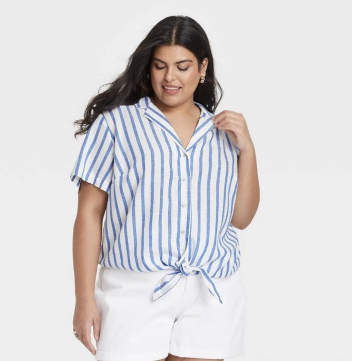 Plus size blue and white 2025 striped top