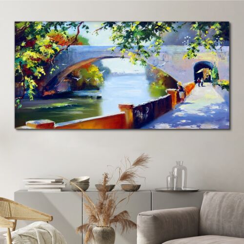 Malerei Bäume Fluss Brücke Zweig Kunst 140x70 Canvas Wandbild Leinwand Bilder - Bild 1 von 11