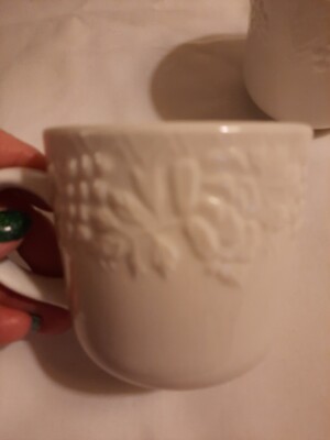 Gibson White Mugs Fruit Embossed 8oz Coffee Cup Set Of Two