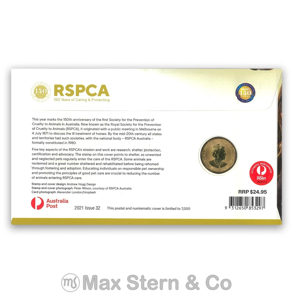 Australia 2021 RSPCA 150 Years Cat Stamp & $1 UNC Coin Cover - PNC - Image 2 of 2