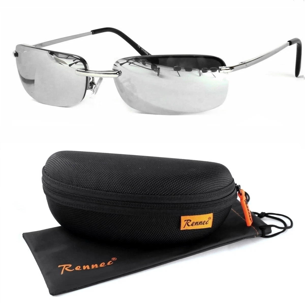 Herren Sonnenbrille Metal Rahmen Rechteckig Silber Chrom schmal 