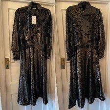 New GANNI Black Sonora Sequin Shirt Dress,38/UK12