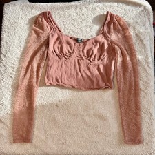 NWOT Bustier Cropped Top Sz M Lace Long Puff Sleeve Mauve Rose Wild Fable