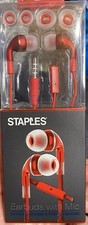 Staples In-Ear Earbuds Red Stereo Sound Mic Tangle-Free Braided Cord 3.5mm Jack