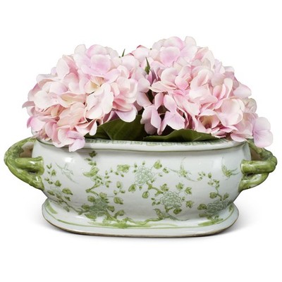US SELLER - Green White Chinoiserie Bird Flower Porcelain Footbath Planter