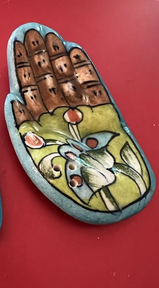 Quemador de incienso de cerámica vintage pintado a mano anillo plato brillante floral India México Foto 2 de 4