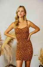Endless Blu Mini Dress S Mocha Brown Floral Made in USA Ruched Coastal Boutique
