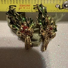 Christmas Holly Leaf pins  2 Green Red Metal Enamel Holiday