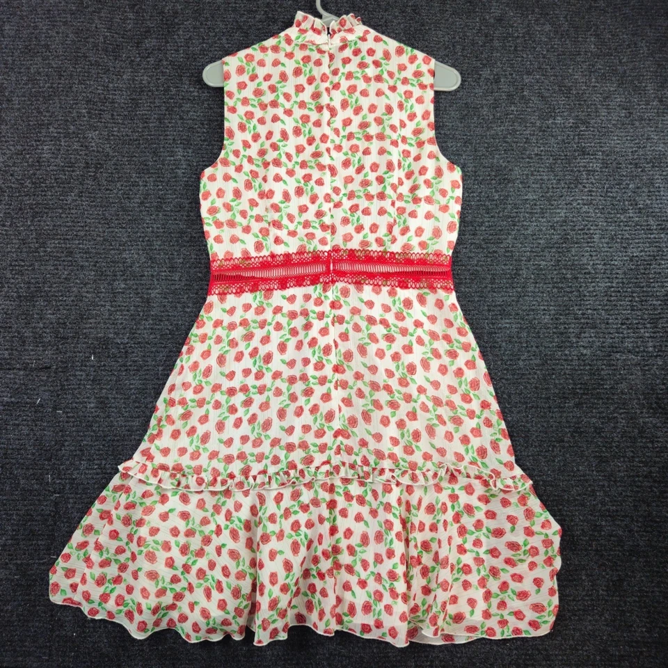 Vestido DONNA MORGAN Ajuste Sin Mangas Acampanado Talla 8 Estampado Rosa Volantes Encaje Blanco Rojo Foto 4 de 4