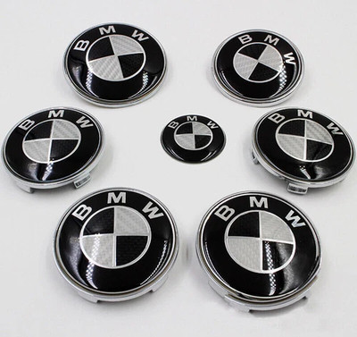 7PCS For BMW Black Grey Emblem Centre Caps Logo Badges 82mm/74mm/68mm/45mm