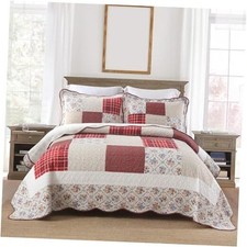 Cotton Bedspread Quilt Bedding Sets 3 Pieces King Size Red White Floral