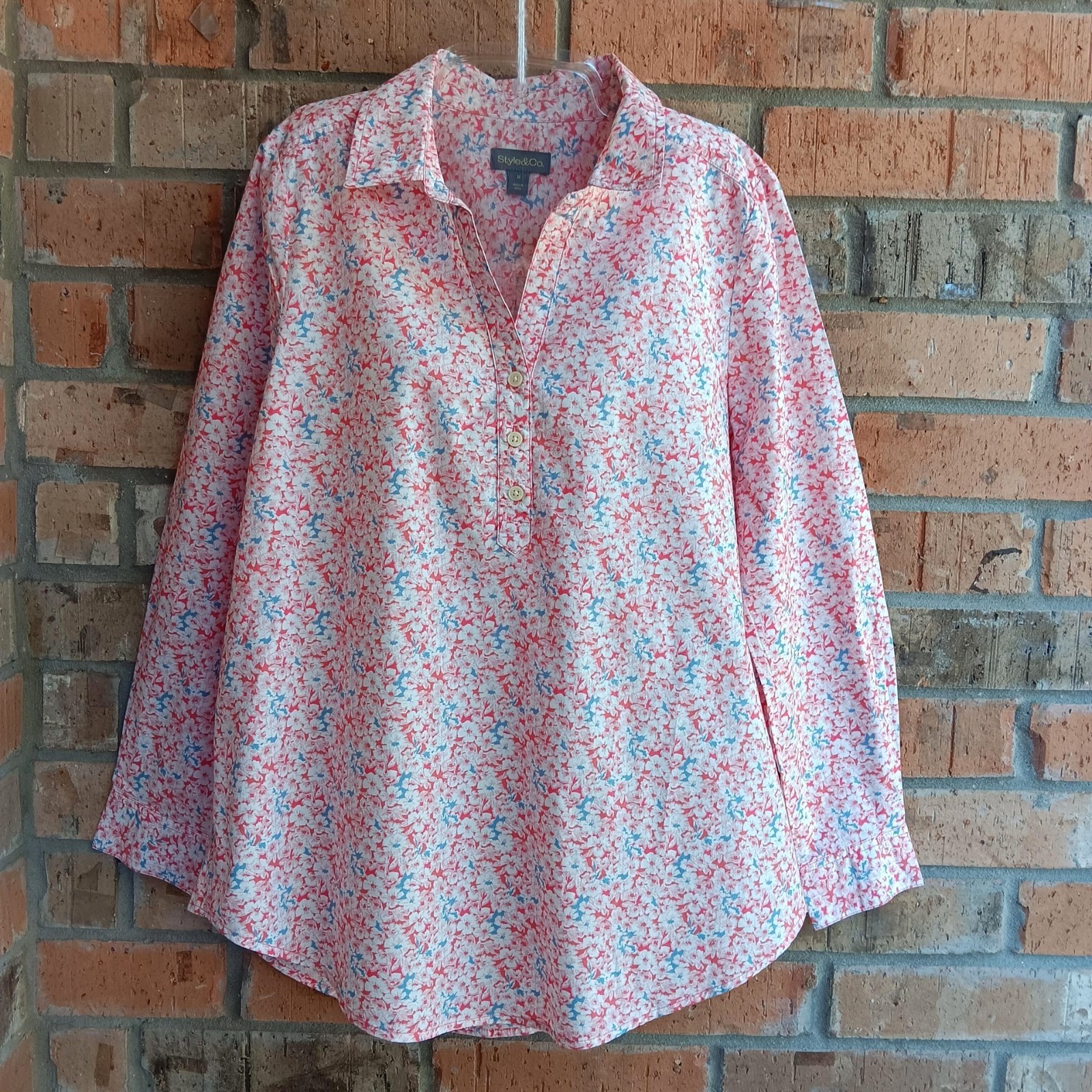 Style & Co. Womens Top Blouse Popover Long Sleeves White Pink Floral Size M