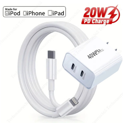 Dual USB-C Fast Charger For iPhone Air 15 16 17 Pro Max 40W Cube PD Type-C Cable