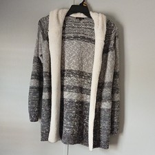 Lety Me Chunky-Knit Striped Open Front Hooded Cardigan Sweater Gray White M