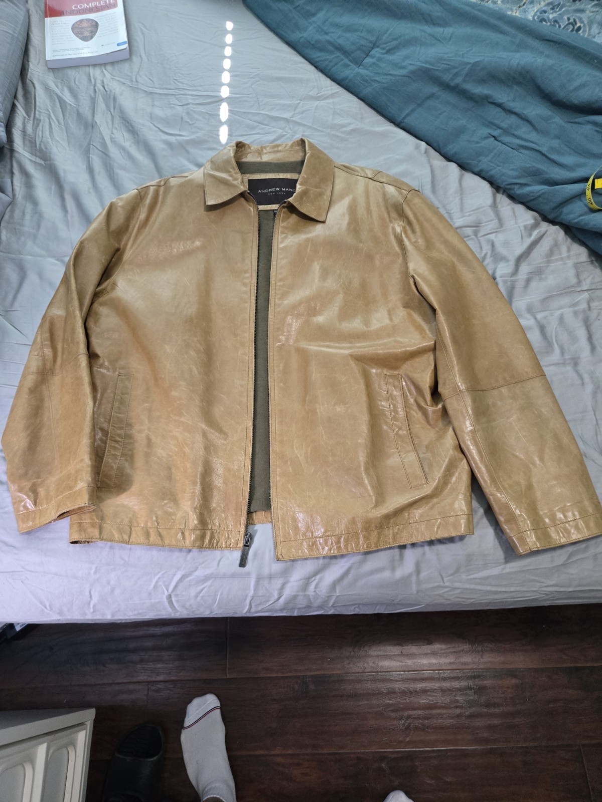 Andrew Marc Men's Tan Leather Zip Jacket w/ Pockets Point Collar XL