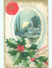 Pre-Linen christmas SNOW-COVERED HOUSE UNDER MOONLIGHT WITH HOLLY J1309