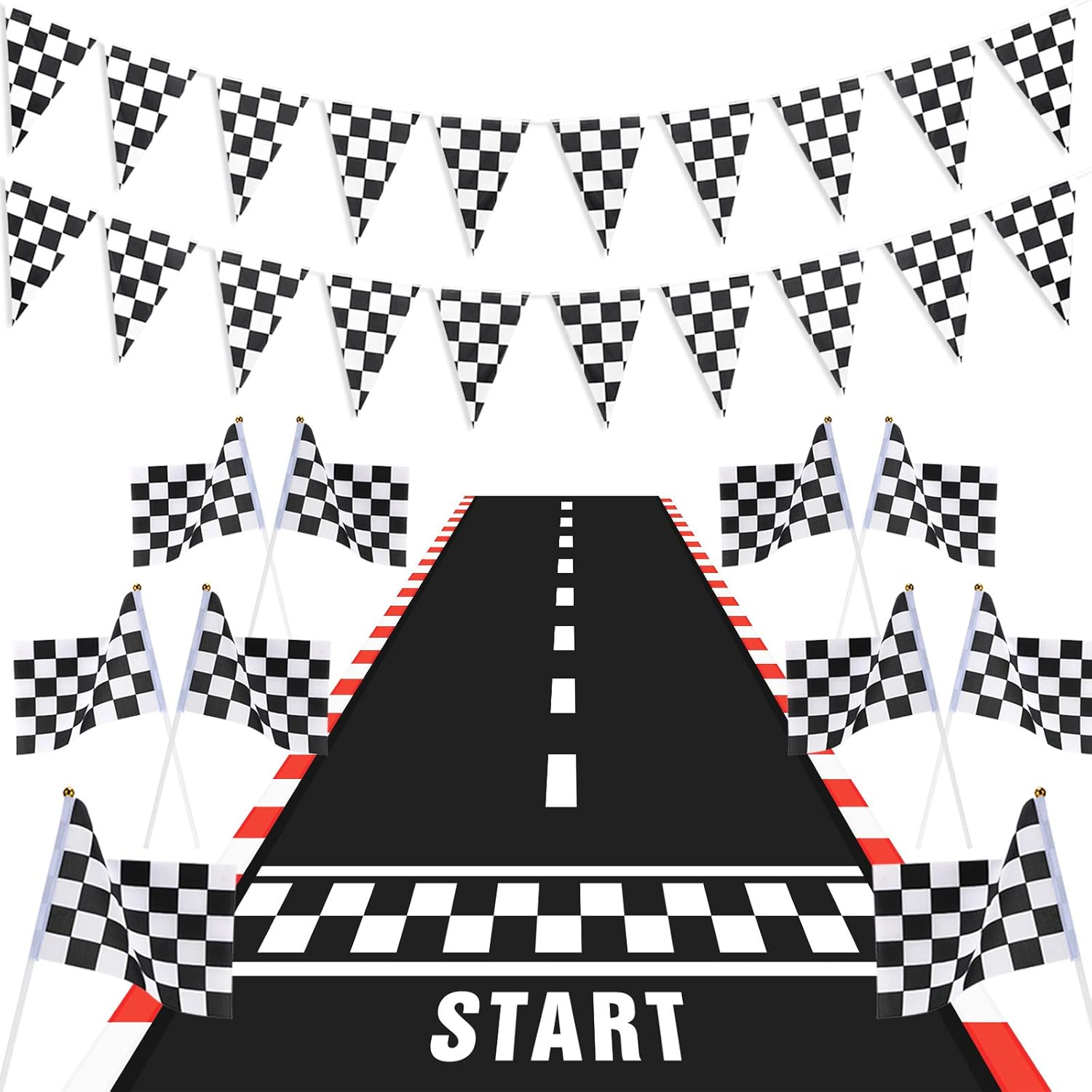 12Pcs Race Car Party Decorations 6.6 X 2 Ft Long Racetrack Floor Running Mat Tab