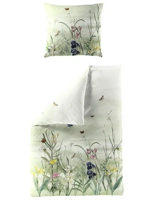 Bierbaum Mako-Satin Bettwäsche 135x200 Schmetterlinge Blumenwiese grün 5326-30 - Bild 1 von 3