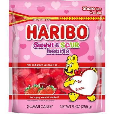 Haribo 9 oz. SWEET & SOUR HEARTS Gummi Candy Share Size Fruit Gummy *BB 10/2026*