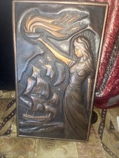 Vintage Soviet USSR Embossed Copper Wall Plaque Lady & Sailing Ship Art 29x48cm