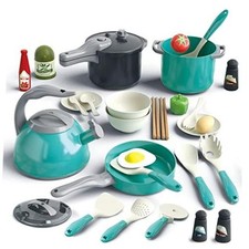 32Pcs Kids Play Kitchen Toys Set, Toddlers Pretend Cooking 32 Pcs Green