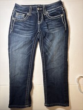 Miss Me Jeans Sz. 26 Signature Cuffed Capri Dark Faded Wash Blue Embellishments