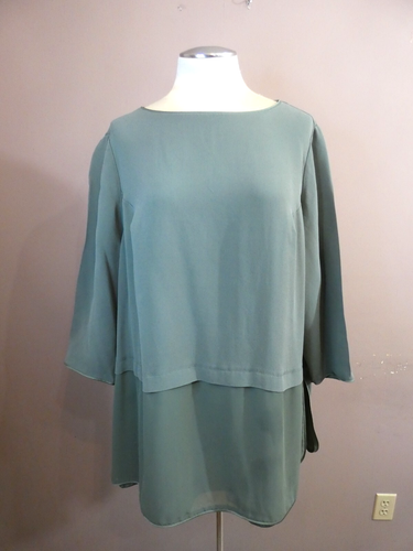 Lafayette 148 Women's 2X Green 100% Silk Layered Tunic Top Long Sleeve