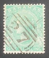 Bahamas 1882 QV 1s Blue-Green "CA wmk" P14 - Used (SG 44a)