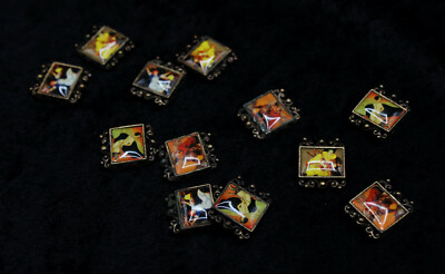 Vintage Loose Illustrated Glass Covered Bronze Beads Double Holes, Unique Set 12