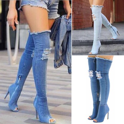 Women Girls Over Knee Heels Boots Denim 