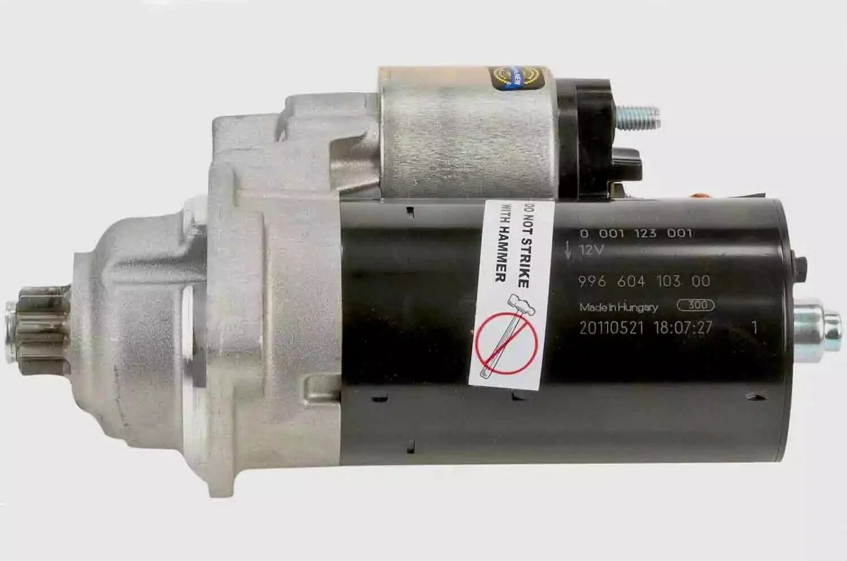 An OEM Bosch starter for the 2003 Porsche 911, displayed on a white background.