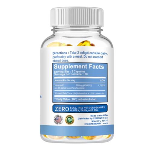 Vitamina E 4000IU 268mg Cápsulas - Antienvejecimiento, Antioxidante, Apoya - Picture 2 of 13