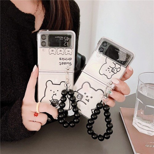 Joli étui téléphone ours de dessin animé pour Samsung Galaxy Z Flip 4 3 housse rigide bracelet - Photo 2 sur 20