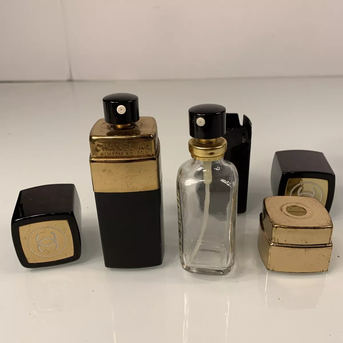 2-EMPTY Vintage CHANEL NO. 5 Black & Gold 1.7 OZ Spray Cologne Bottle EMPTY  PROP 