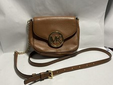 MICHAEL KORS Fulton Women MK Flap Crossbody Camel Leather Gold Logo Small