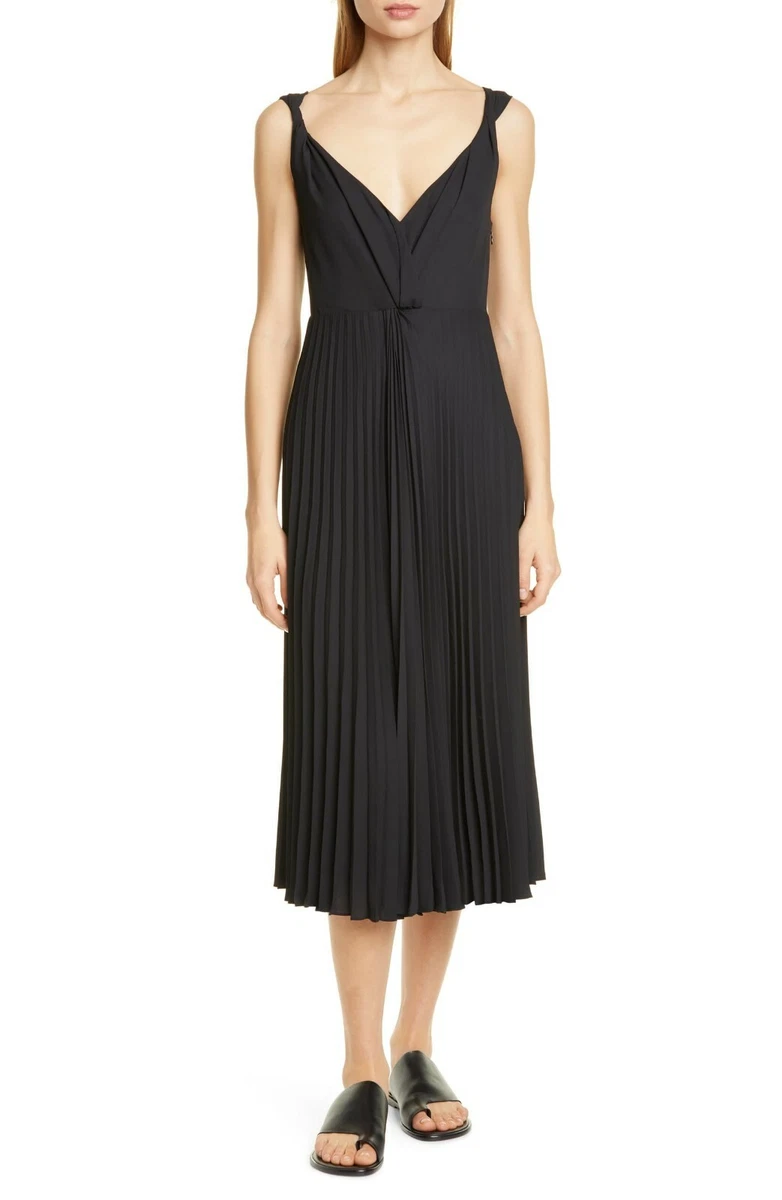 VINCE Black Pleated Skirt Twist Front V Neck Back Bodice Chic Midi