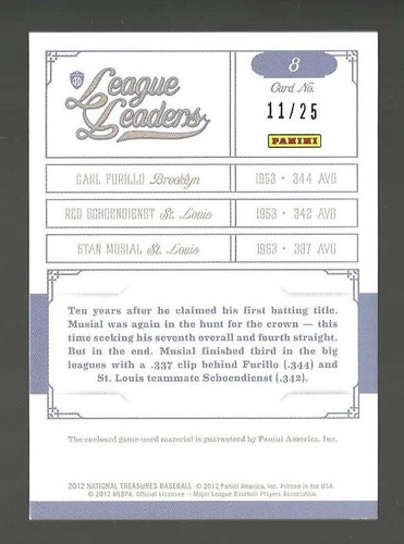 2012 Panini National Treasures Stan Musial Schoendienst Furillo Jersey Bat 11/25 - Imagen 2 de 2