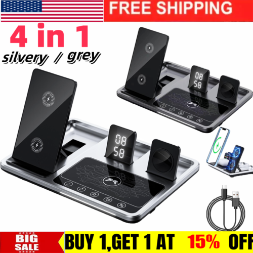 4 in1 Digital Clock Wireless Charger Stand,4 in 1 Foldable Fast Charging Station