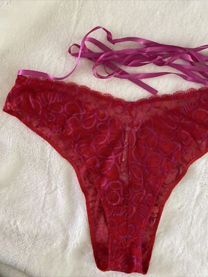 Savage X Fenty Panties Cheeky Panty Red Lace Pink Bows Lace Up Strappy 3X Plus