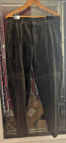 Vintage Pants Mens 36x32 Wide Corduroy Pleated Cuffs 90s Olive Green
