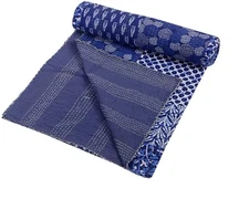 Indian Kantha Quilt Bedding Throw Indigo Blue Print Bedspread Cotton Handmade
