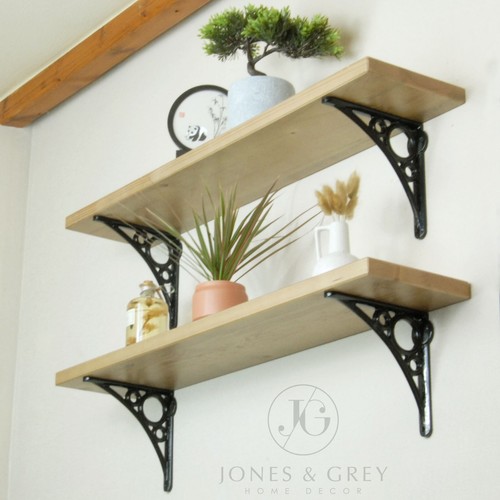 RUSTIC SOLID WOOD WALL BOOK SHELF SHELVES WITH WOODEN / METAL BRACKETS LIGHT OAK - Picture 29 of 38