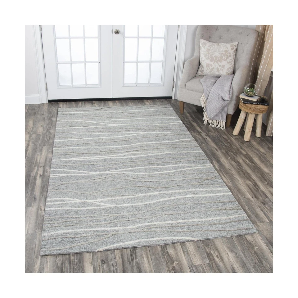 Alfombra de lana Rizzy Home Idylic Collection, 5' x 8', líneas gris/gris/óxido/azul Foto 2 de 3