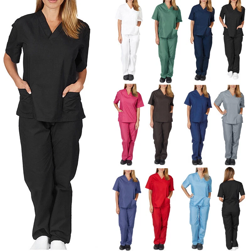 Mens Womens Scrubs Doctor Nurse Medical Workwear Hospital Uniform Top Long  Pants