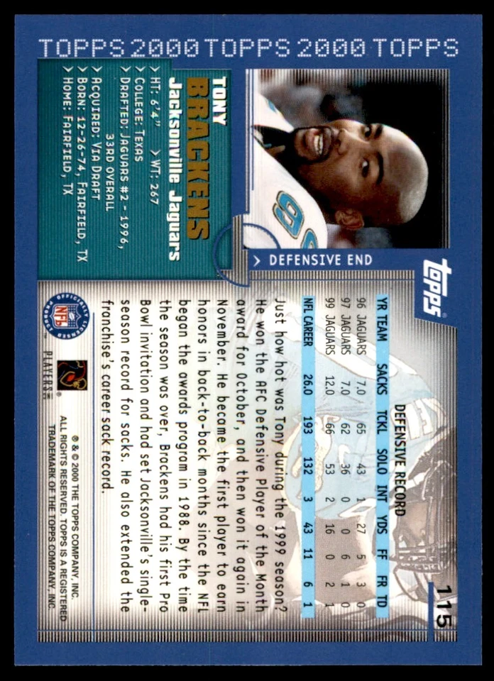 2000 TOPPS COLLECTION TONY BRACKENS JACKSONVILLE JAGUARS #115 - Image 2 of 2