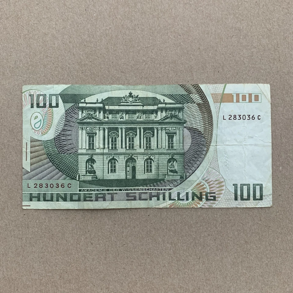 Billete AUSTRIA 100 CHELINES 1984 EURO ACADEMIA EDIFICIO Bawerk moneda dinero Foto 2 de 3